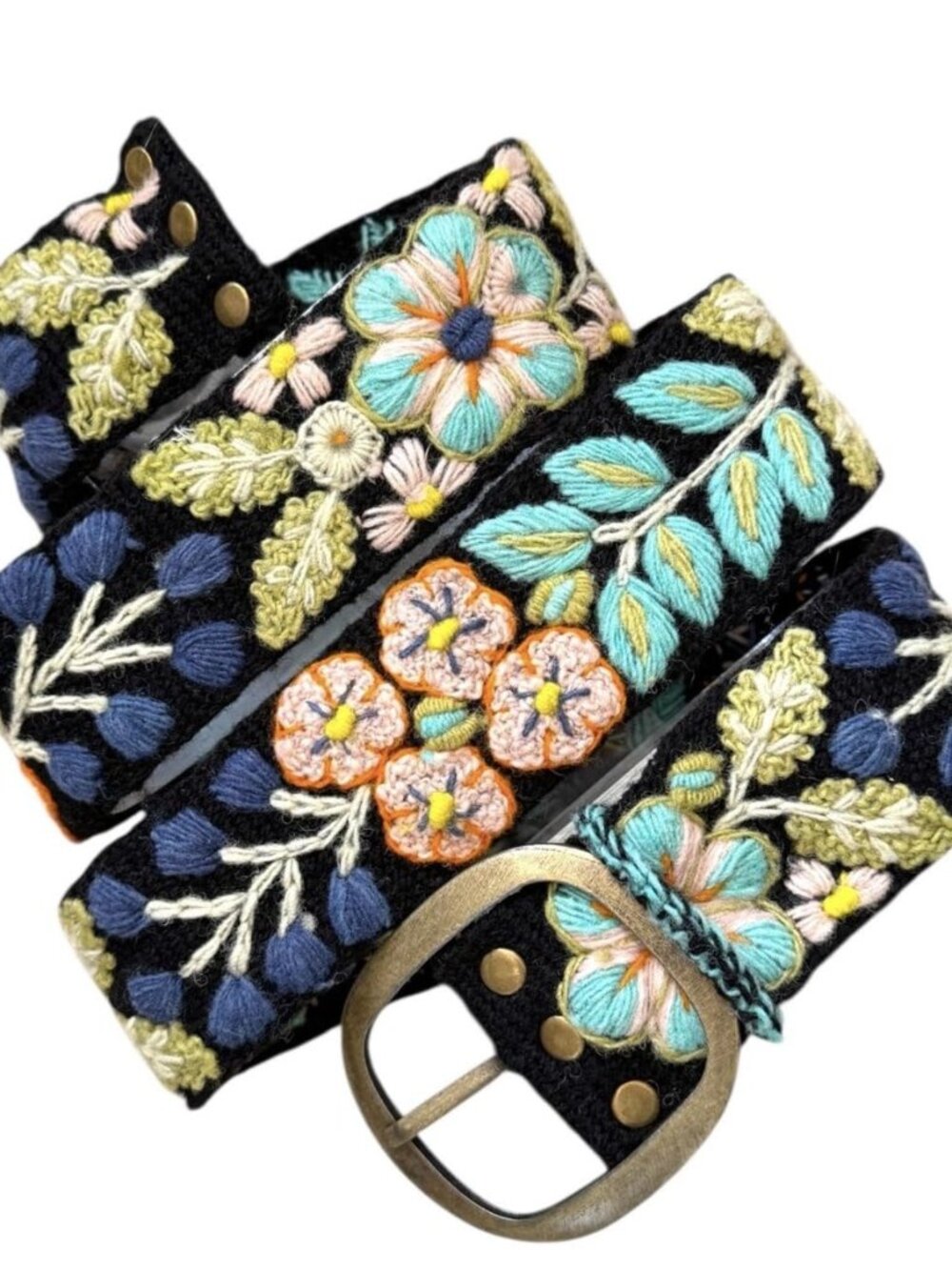 Peruvian Embroidered Flower Wool Belt, Hand Embroidered - Midnight Meadow